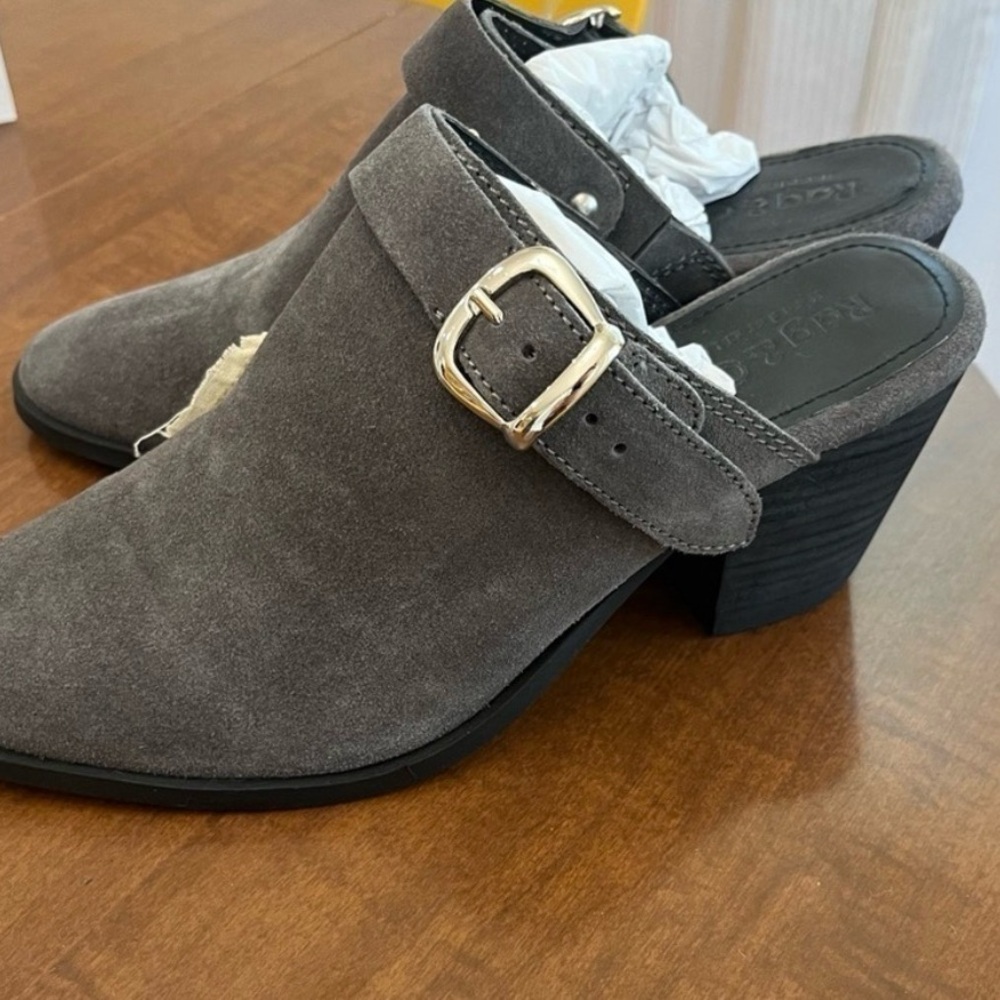 Rag & Co TARRAH Grey Stacked Heel Mules With Adjustable Buckle